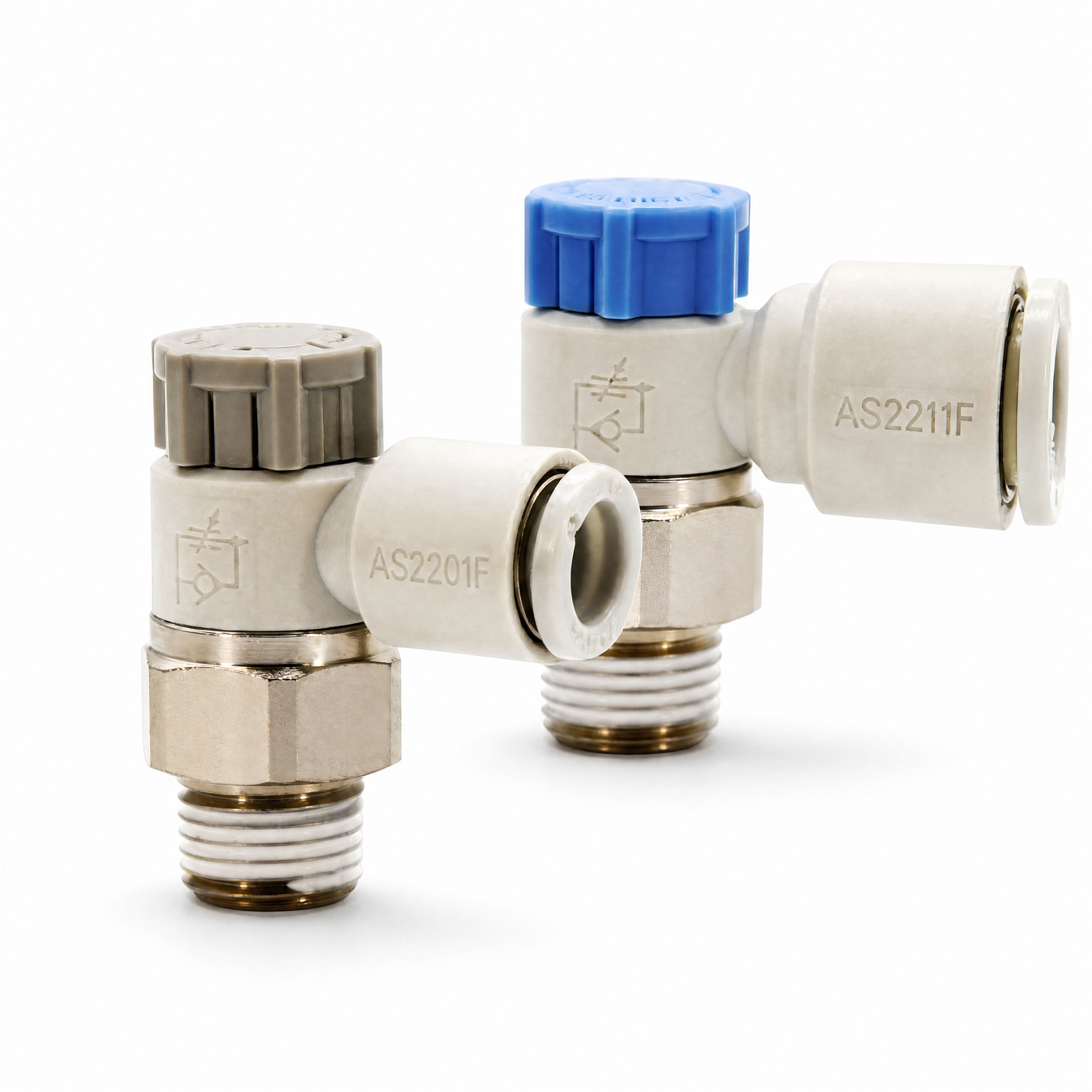 Dois reguladores de fluxo pneumático com ajuste manual e conexão em cotovelo